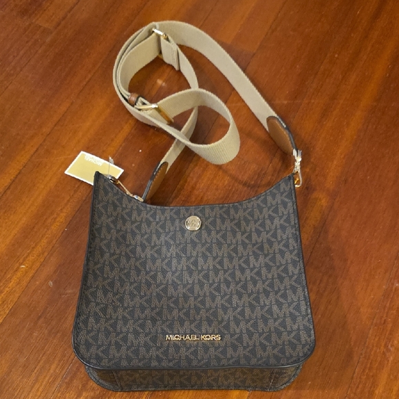 Michael Kors Handbags - Michael Kors Brown MK Monogram Crossbody with Tan Strap